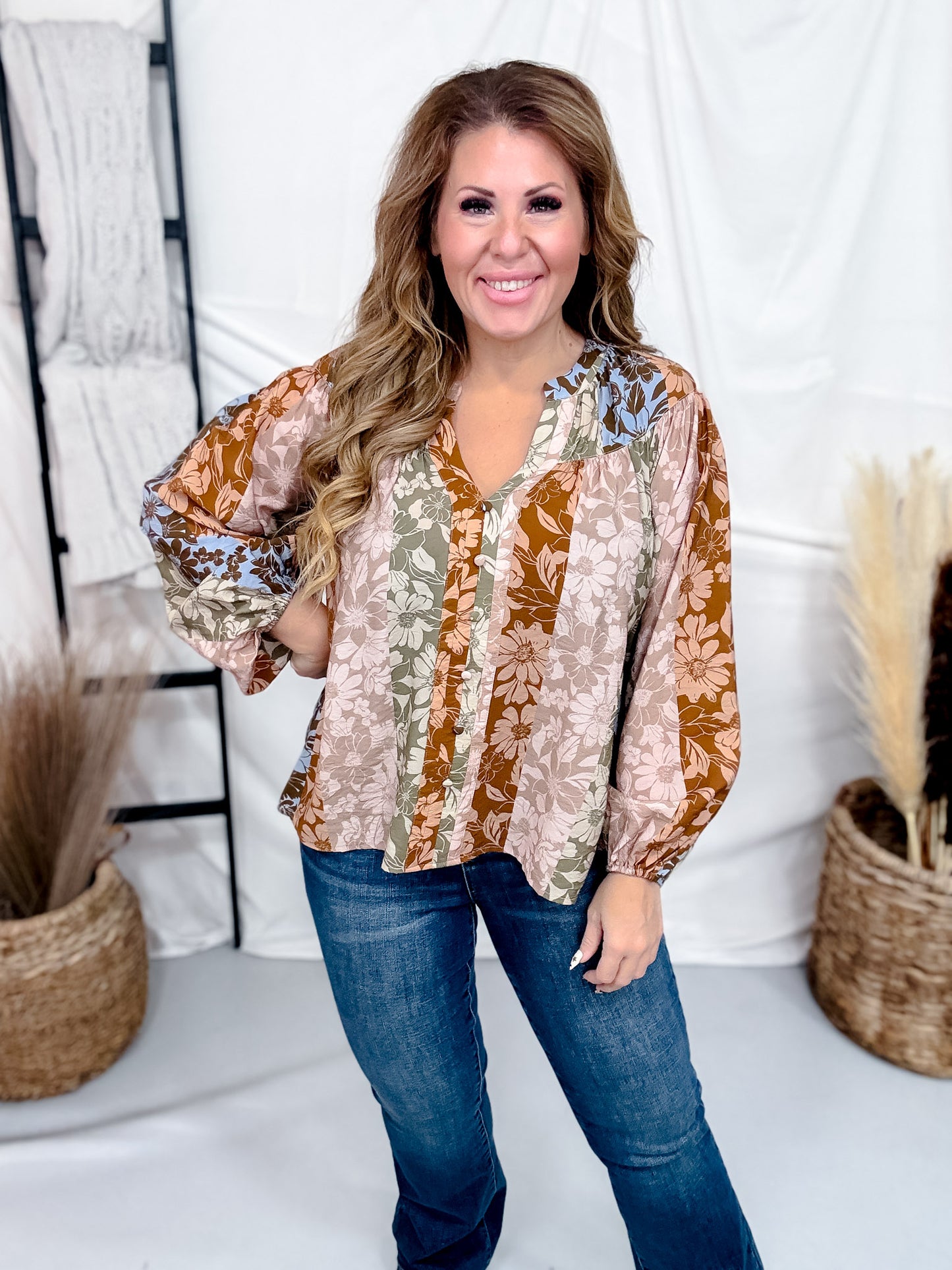 Autumn Floral Print Button Front Top With Split Neckline