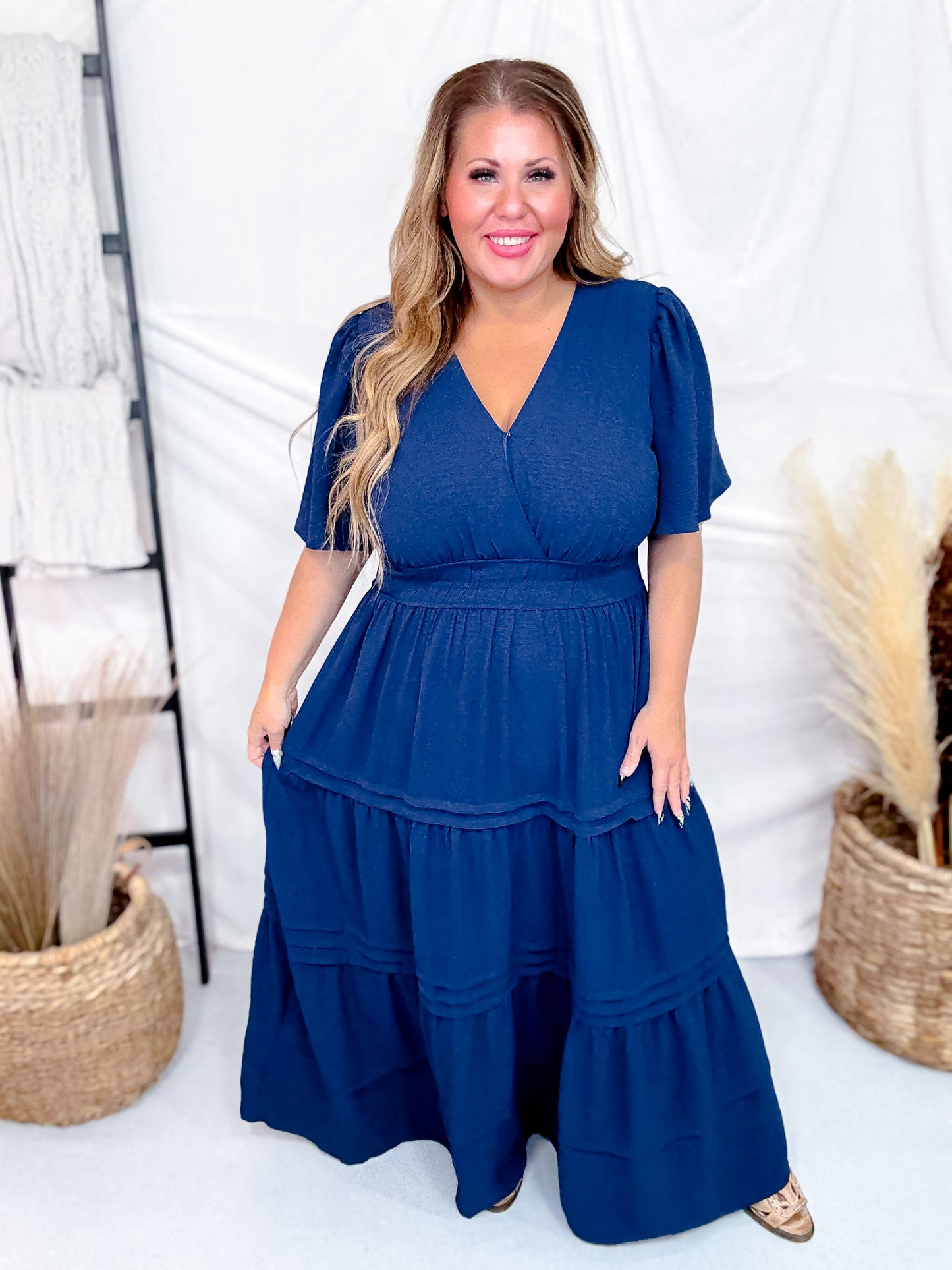 Navy Blue Short Sleeve Dress W/ Smocked Waist & Back Keyhole Closure