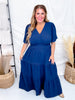 Navy Blue Short Sleeve Dress W/ Smocked Waist & Back Keyhole Closure