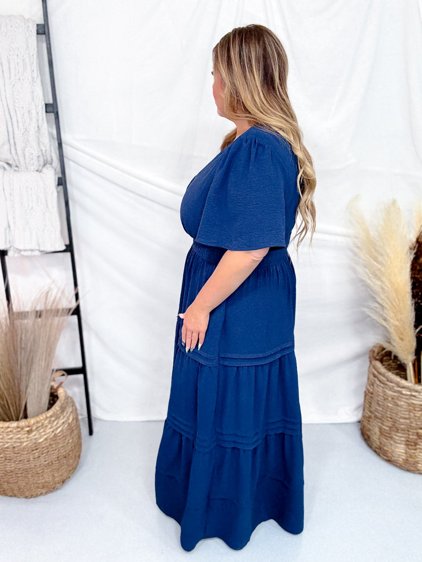 Navy Blue Short Sleeve Dress W/ Smocked Waist & Back Keyhole Closure