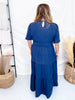 Navy Blue Short Sleeve Dress W/ Smocked Waist & Back Keyhole Closure