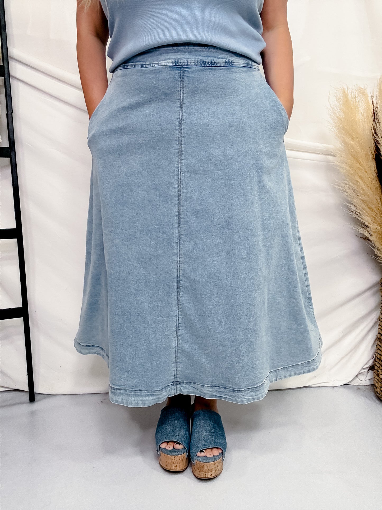 Denim A-Line  Zip-Up Midi Skirt