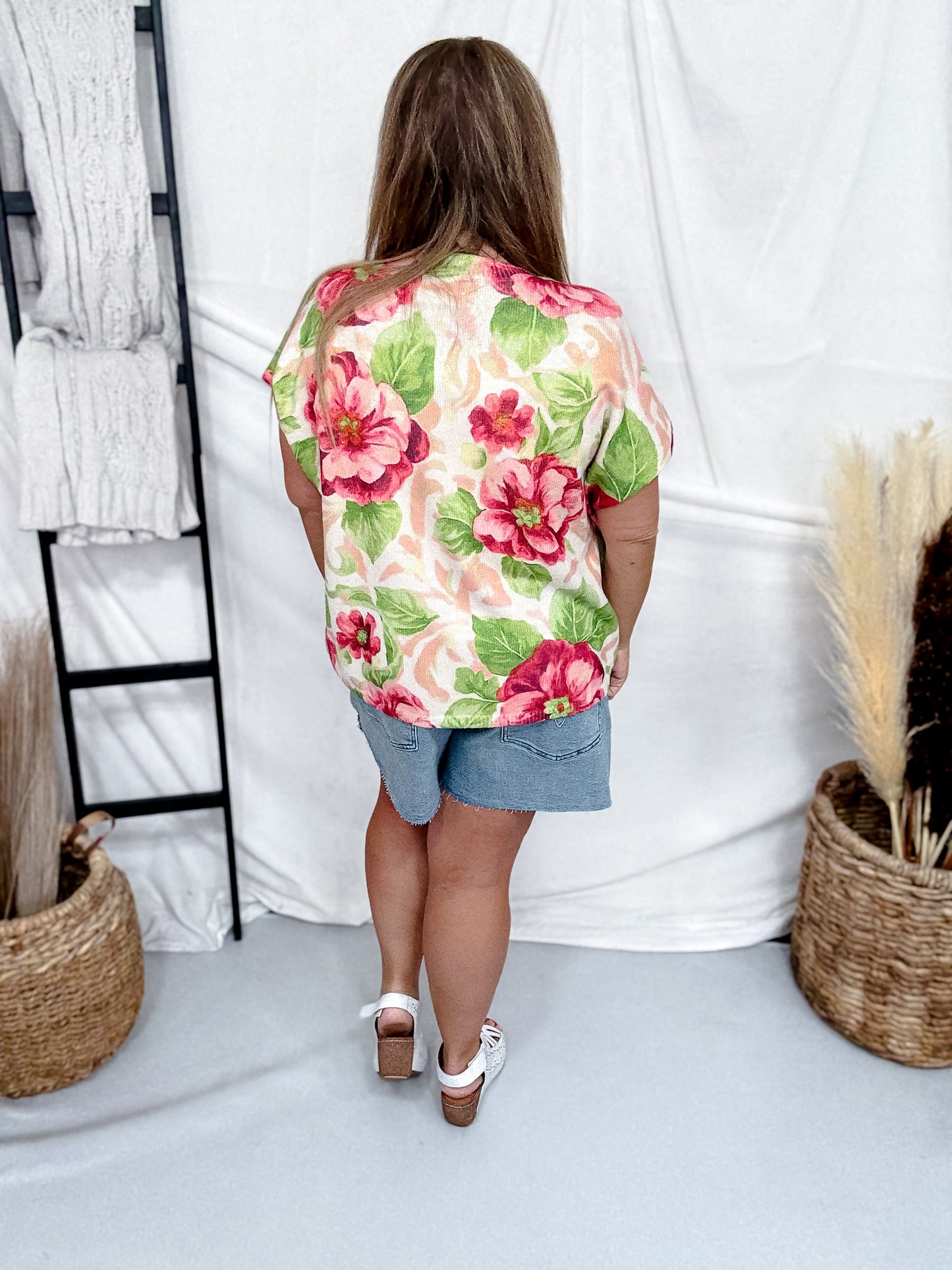 Floral Print Short Sleeve Sweater Top