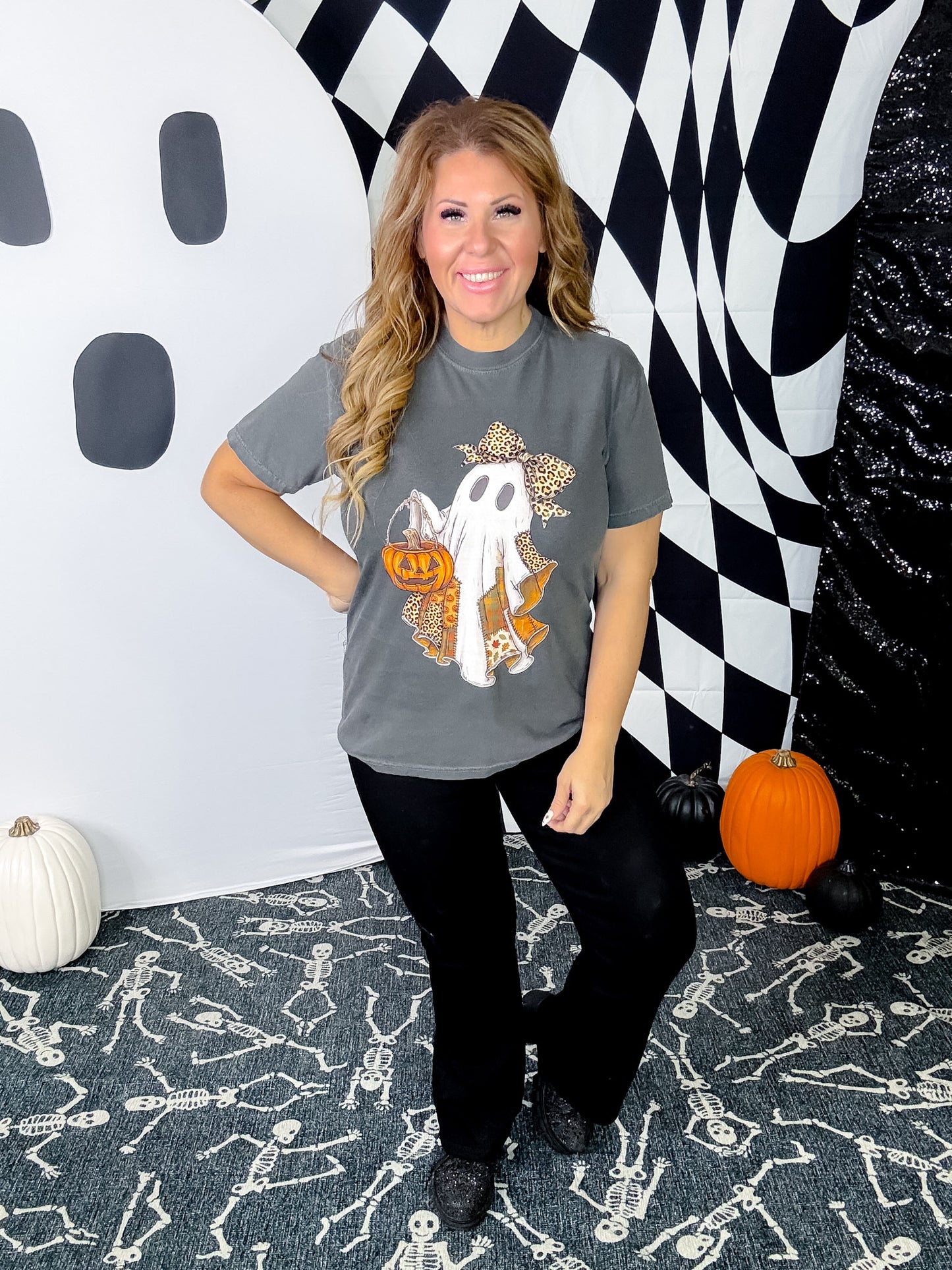 Leopard Print Patchwork Ghost Short Sleeve Graphic Tee