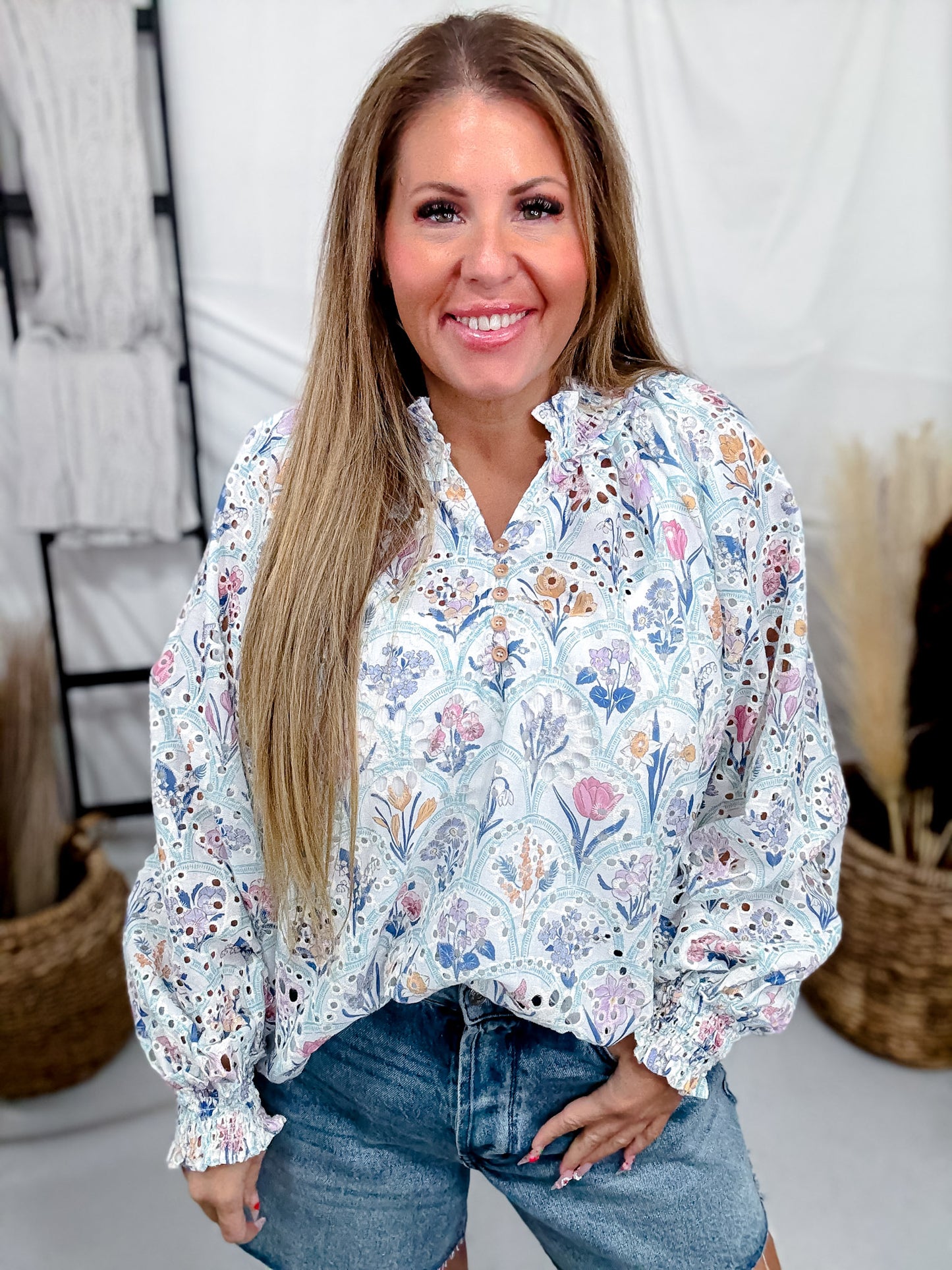 Blue Floral Eyelet Blouse With Smocked Hems