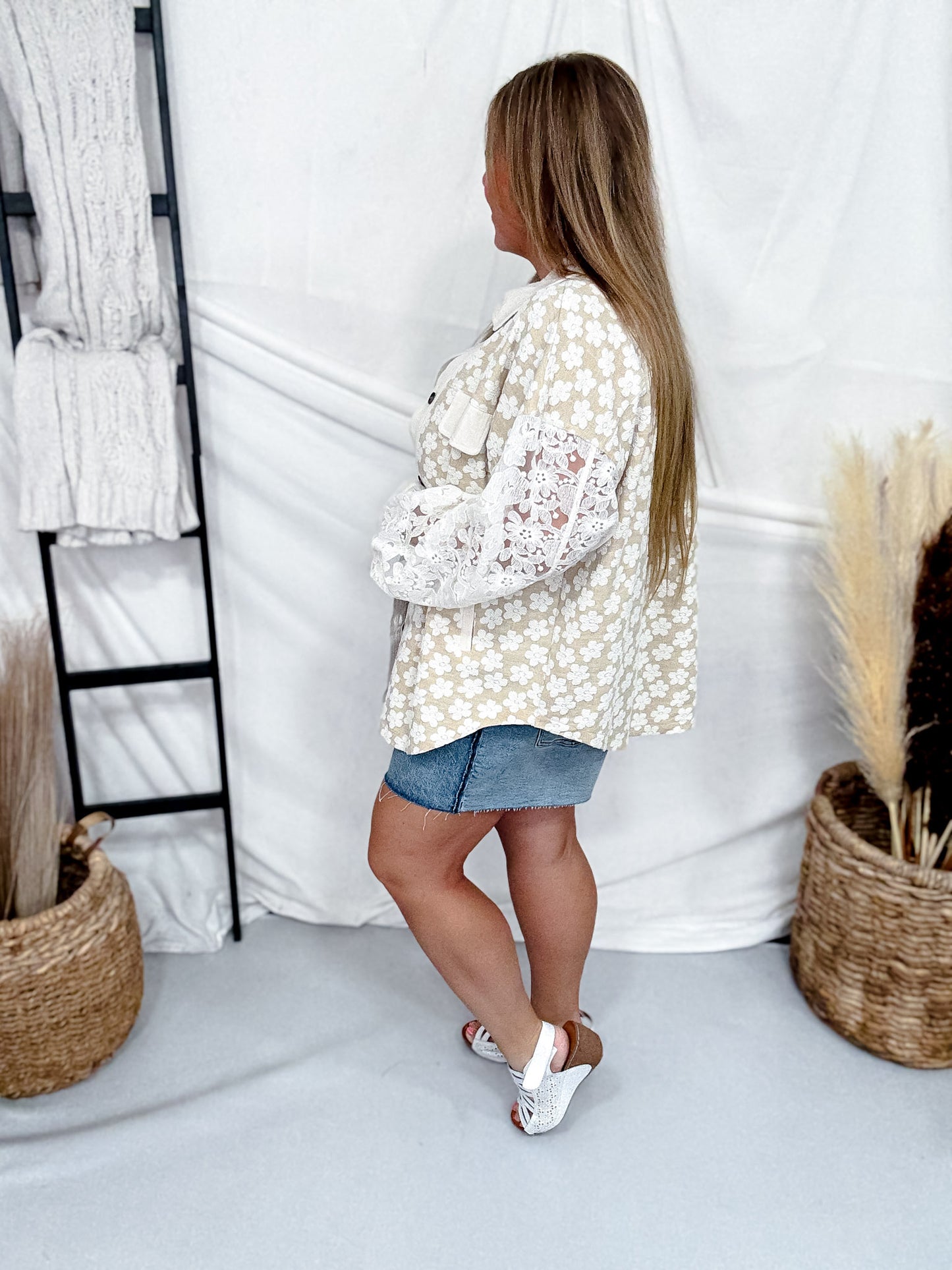 Floral Jaquard Shacket With Lace Sleeves