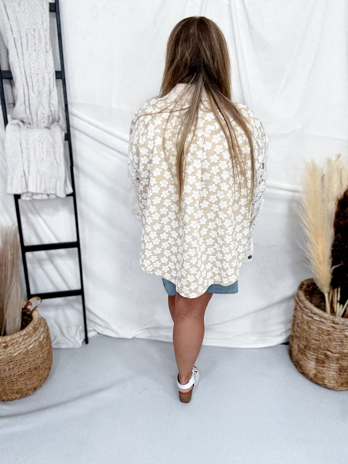 Floral Jaquard Shacket With Lace Sleeves