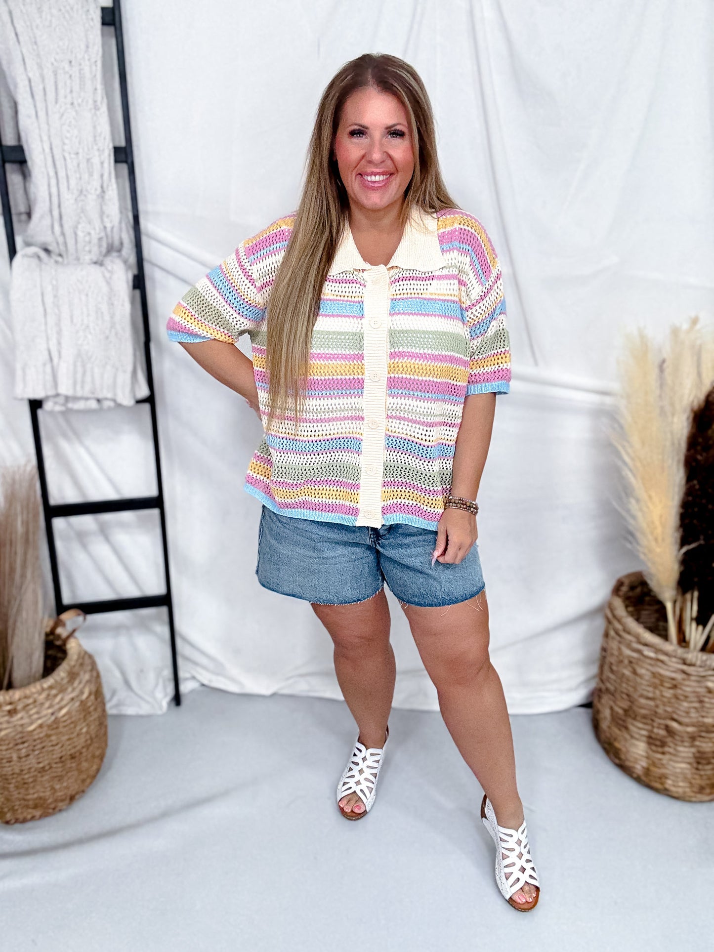 Short Sleeve Knit Button Down Top With Multicolored Stripes