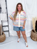 Short Sleeve Knit Button Down Top With Multicolored Stripes