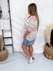 Short Sleeve Knit Button Down Top With Multicolored Stripes