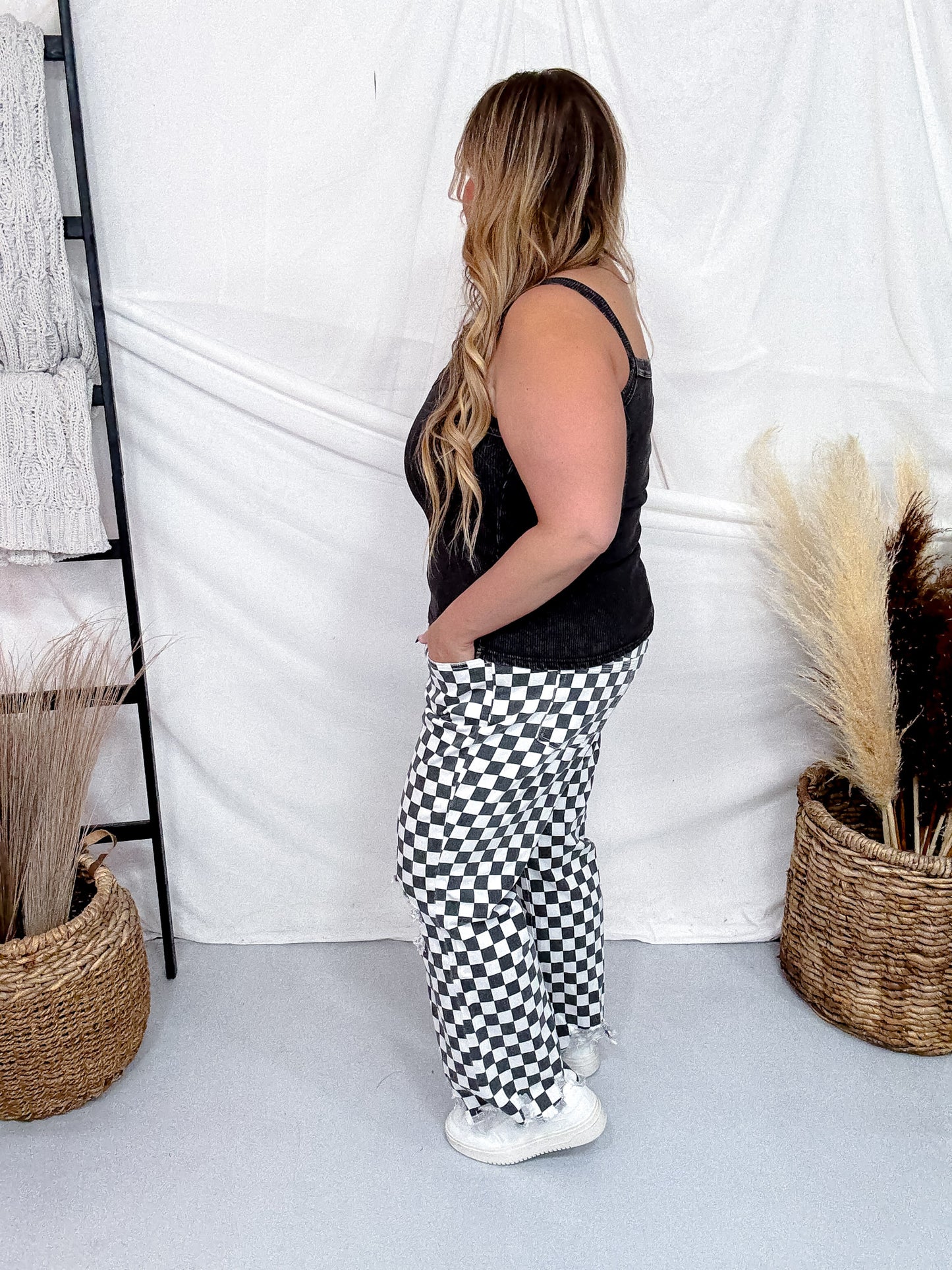 Round The Track Distressed Black & White Check Cropped Flare Jeans