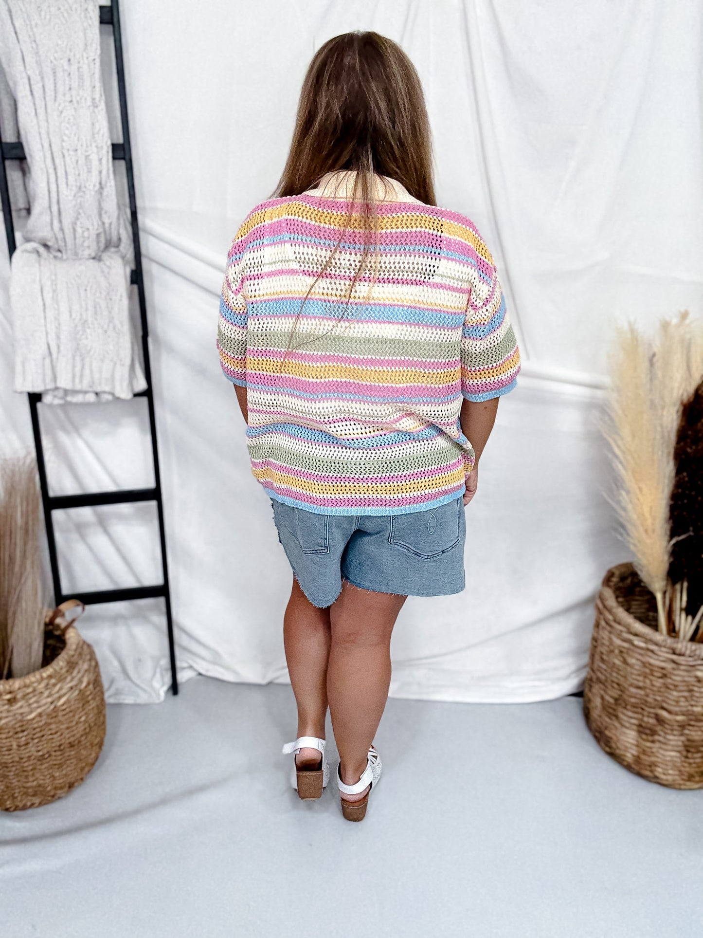 Short Sleeve Knit Button Down Top With Multicolored Stripes