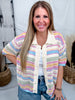 Short Sleeve Knit Button Down Top With Multicolored Stripes