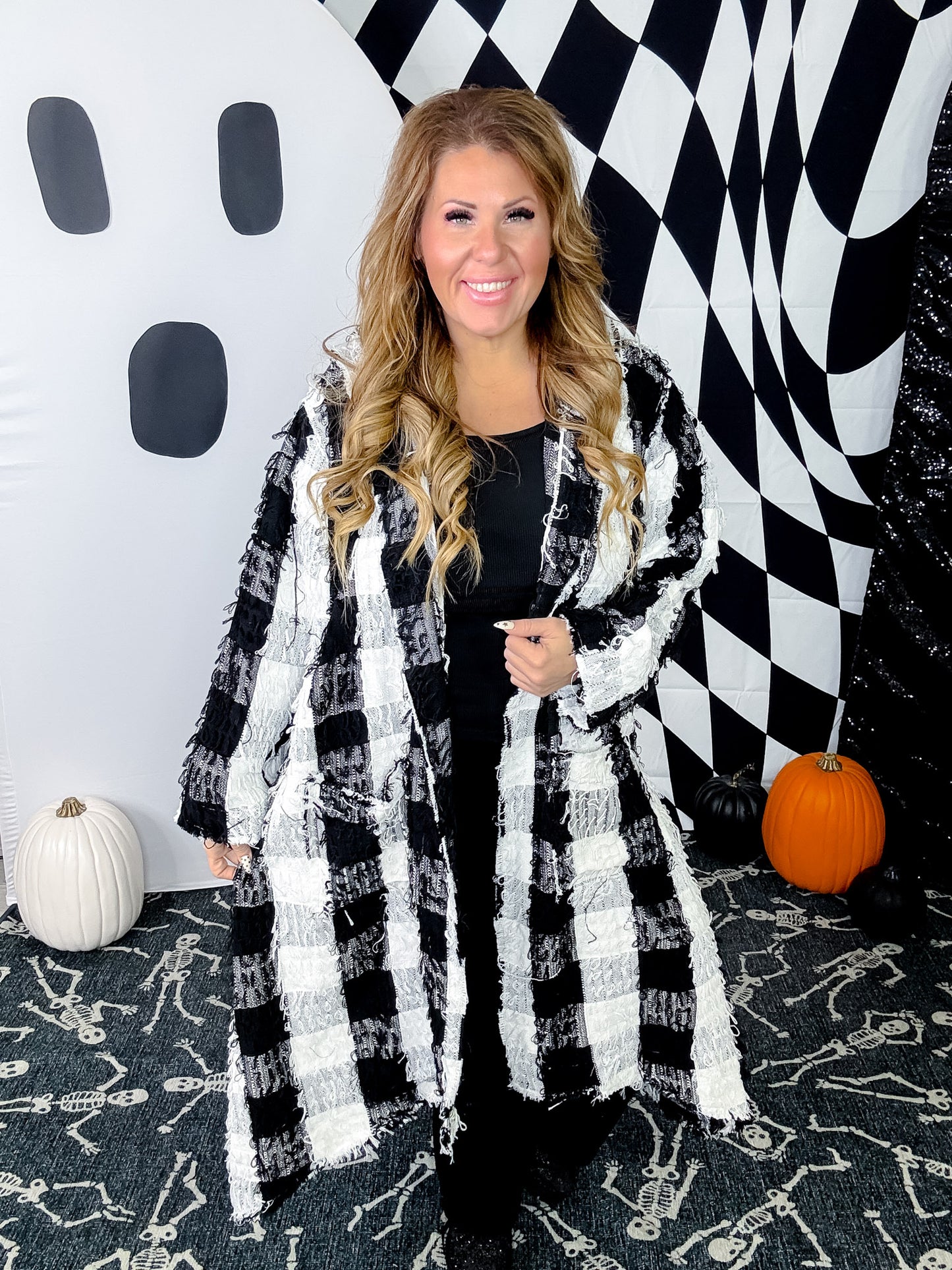 Black & White Check Long Flare Hooded Duster