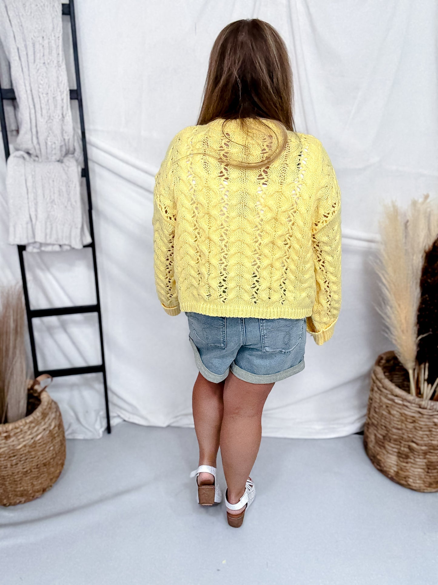 Yellow Cable Knit Sweater With Rolled Sleeves
