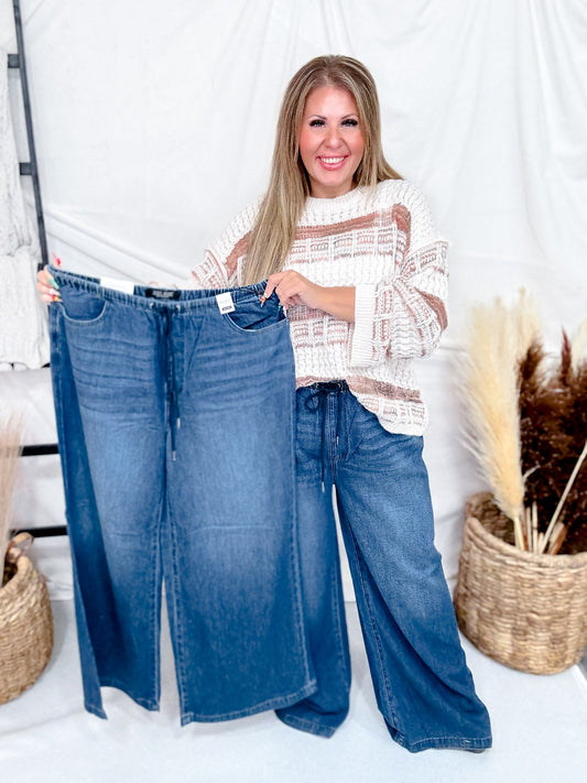 Judy Blue High Waist Dark Wash Palazzo Jeans With Drawstring Waist