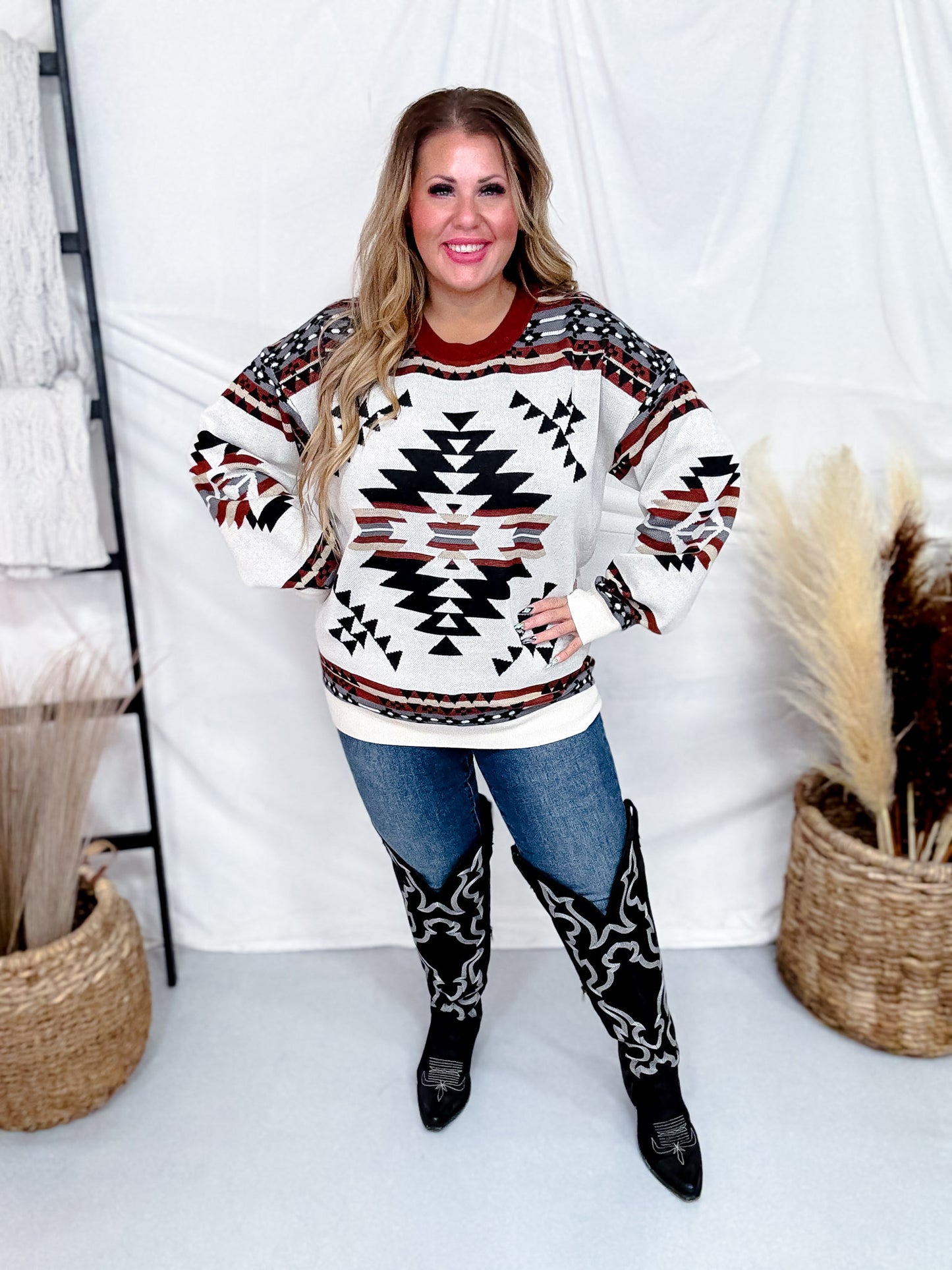 Lean On Me Aztec Long Sleeve Knit Sweater