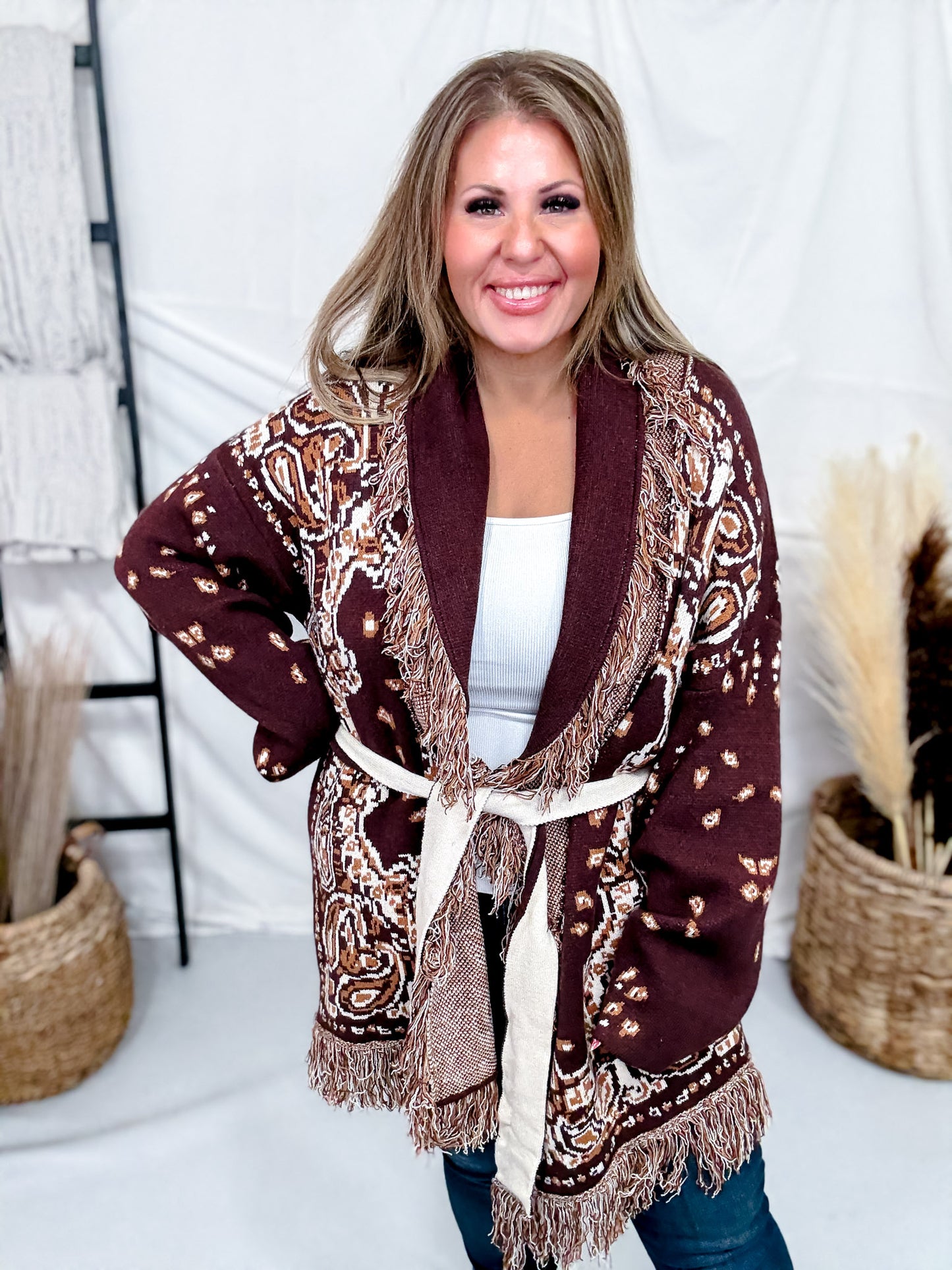 Fringe Trim Jacquard Knit Belted Cardigan