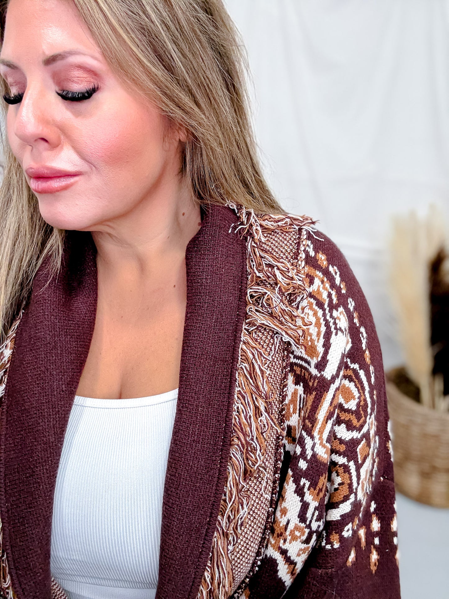 Fringe Trim Jacquard Knit Belted Cardigan