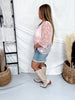 Dusty Rose Bow Patterned Boxy Short Sleeve Mesh Top