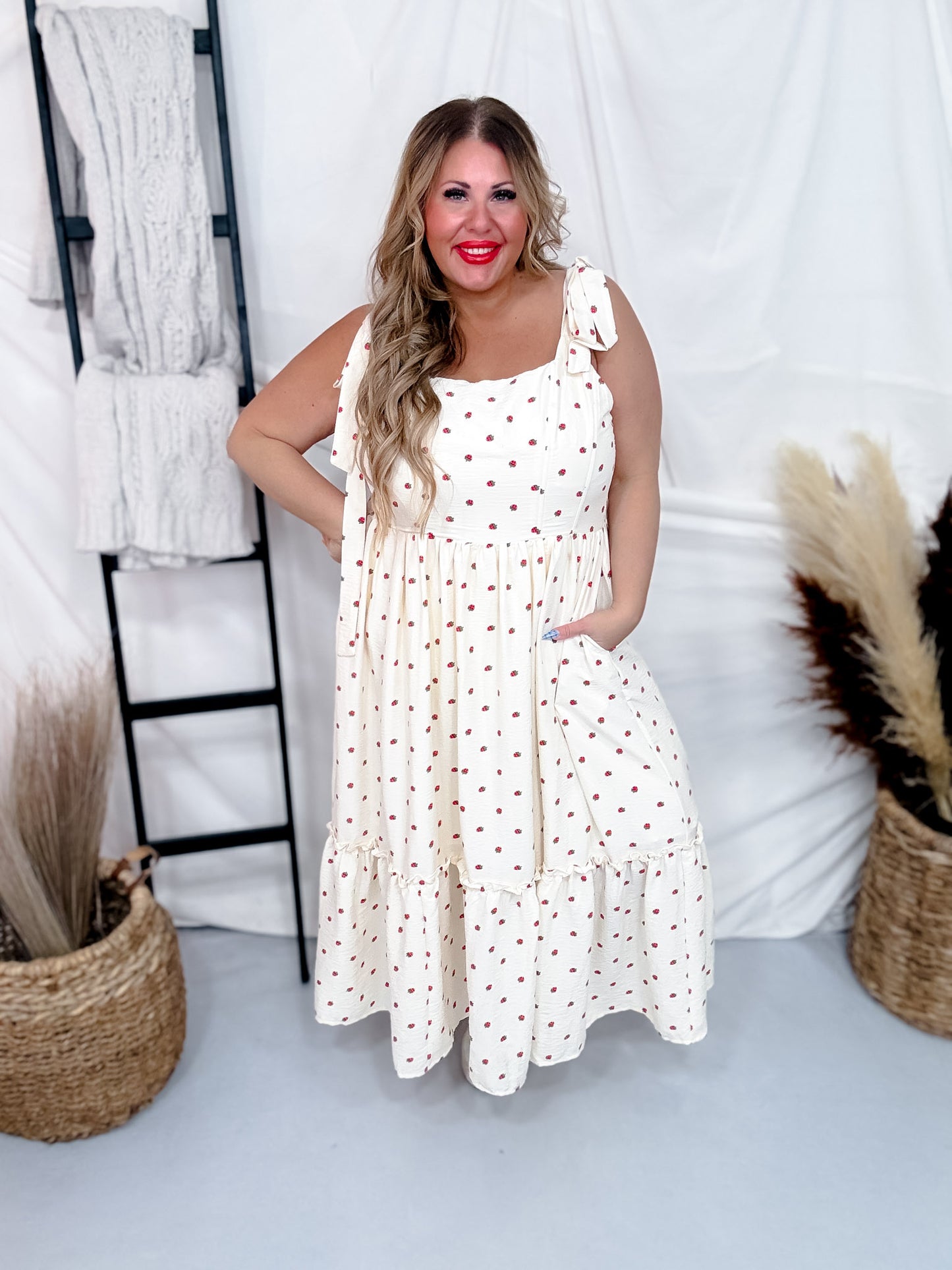 Strawberry Print Sundress W/ Self Tie Shoulder Straps