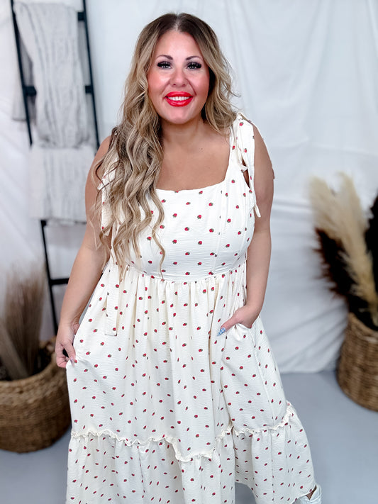 Strawberry Print Sundress W/ Self Tie Shoulder Straps