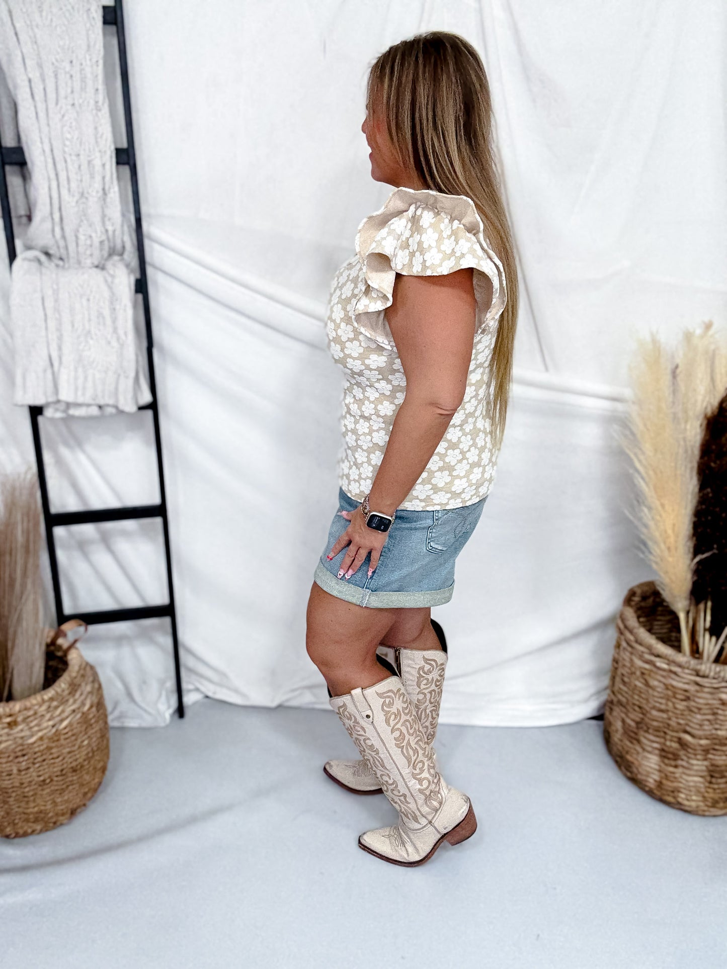 Oatmeal & Ivory Floral Jaquard Top With Ruffle Sleeves