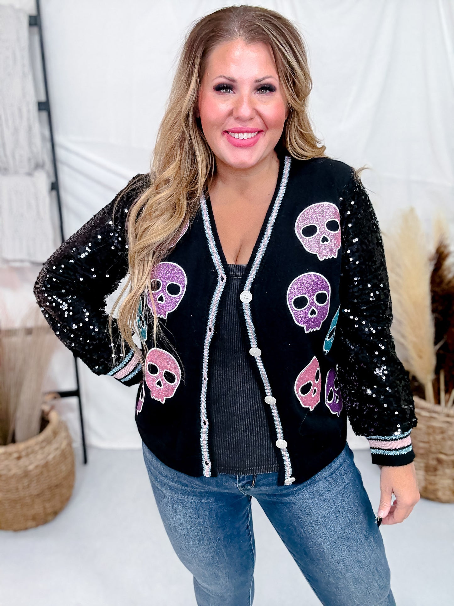 Long Sleeve Button Up Cardigan W/ Glitter Skull Patch Details