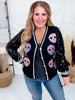 Long Sleeve Button Up Cardigan W/ Glitter Skull Patch Details