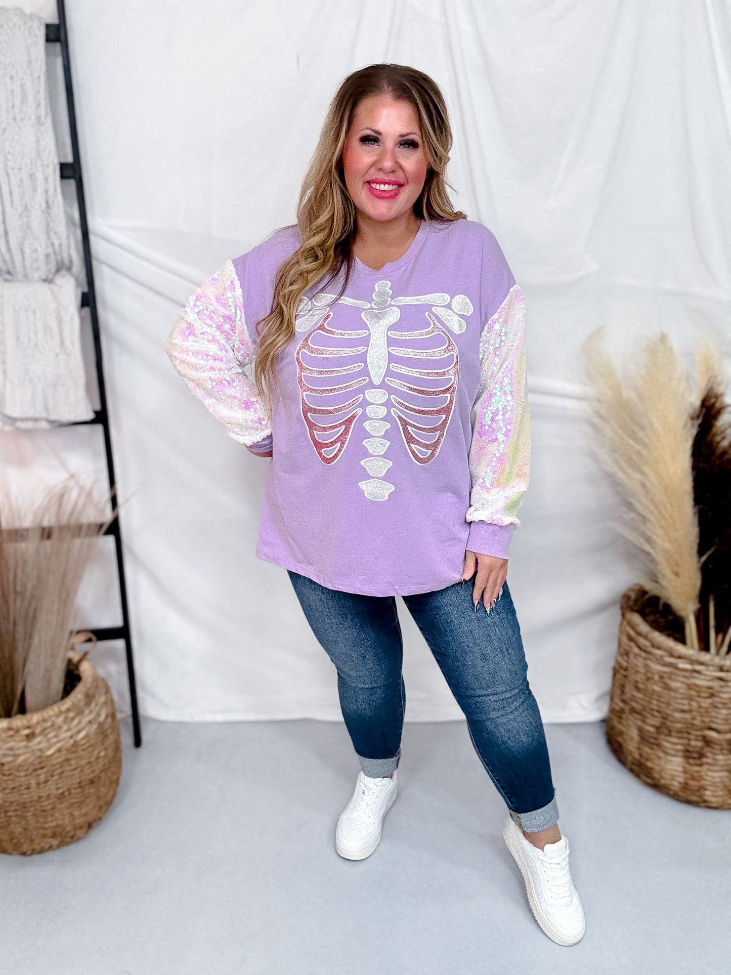 Long Sleeve Sequin Sleeve Glitter Skeleton Print Top