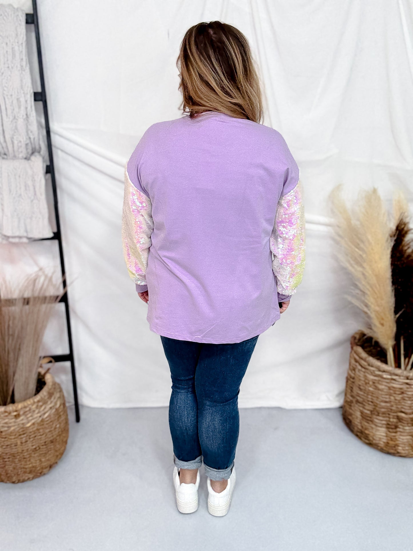 Long Sleeve Sequin Sleeve Glitter Skeleton Print Top