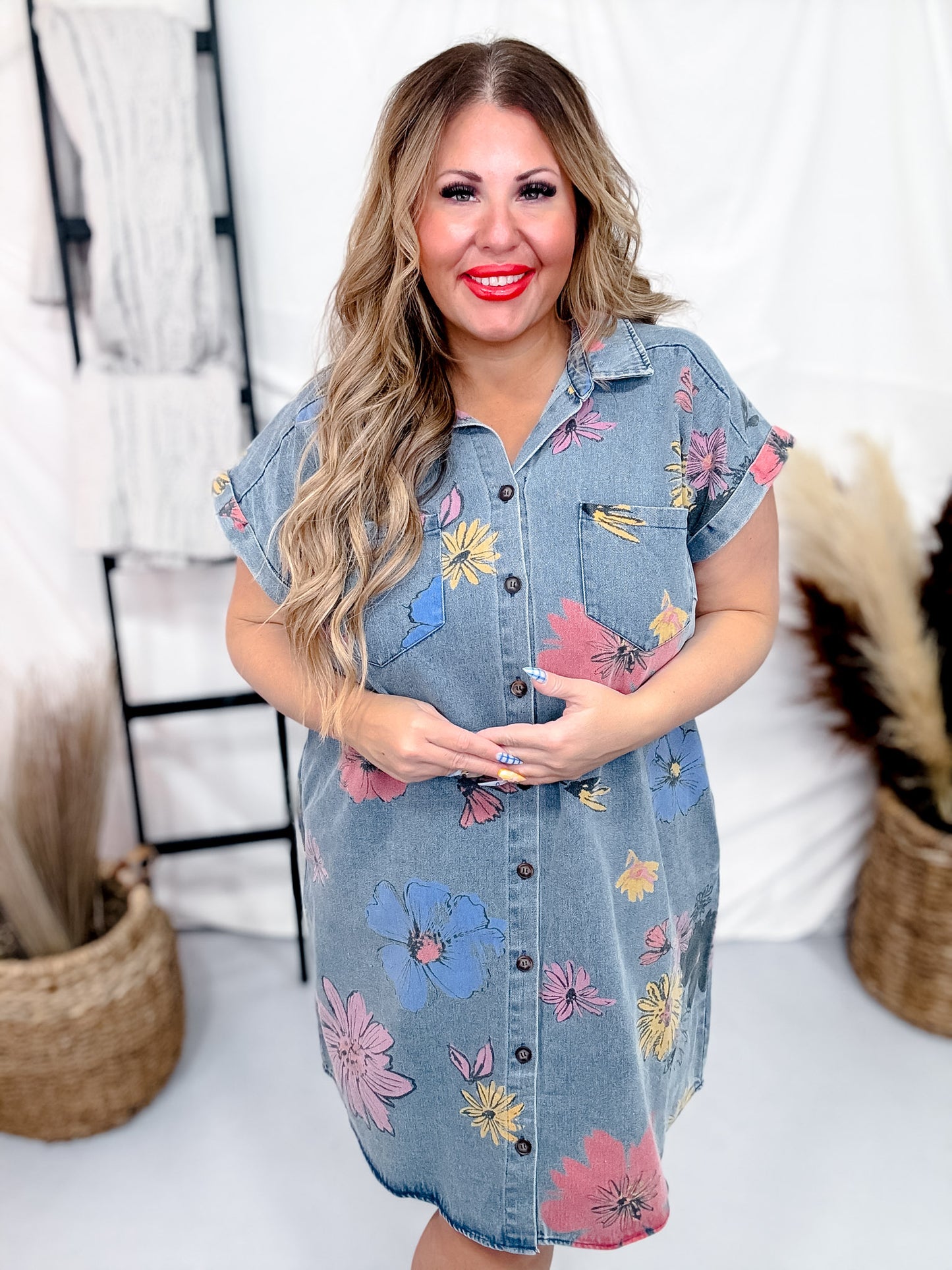 Button Down Denim Shirt Dress with Floral Pattern