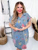 Button Down Denim Shirt Dress with Floral Pattern
