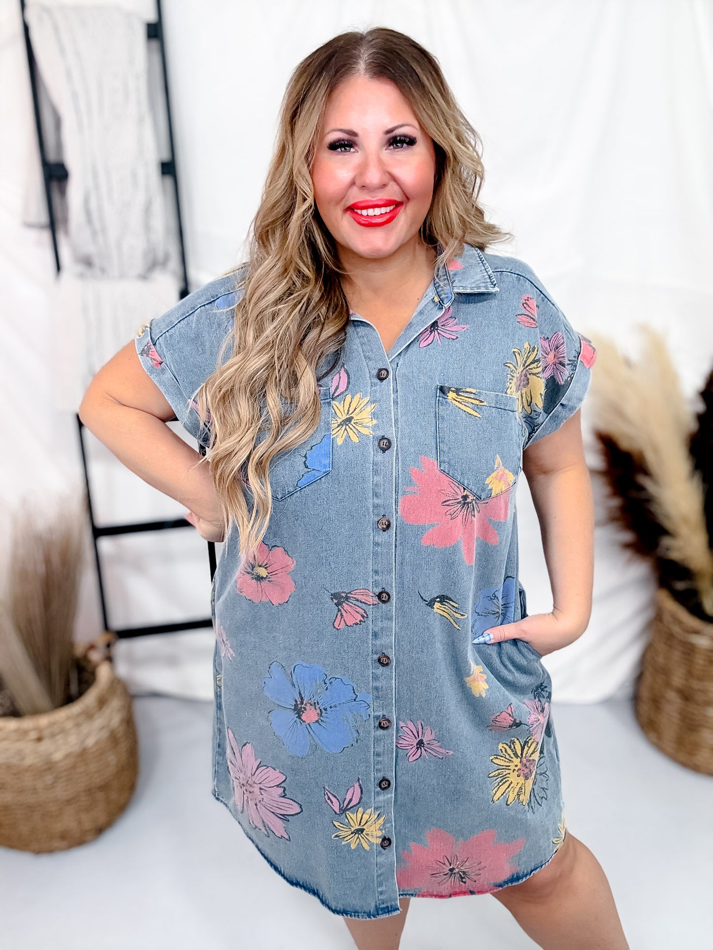 Button Down Denim Shirt Dress with Floral Pattern