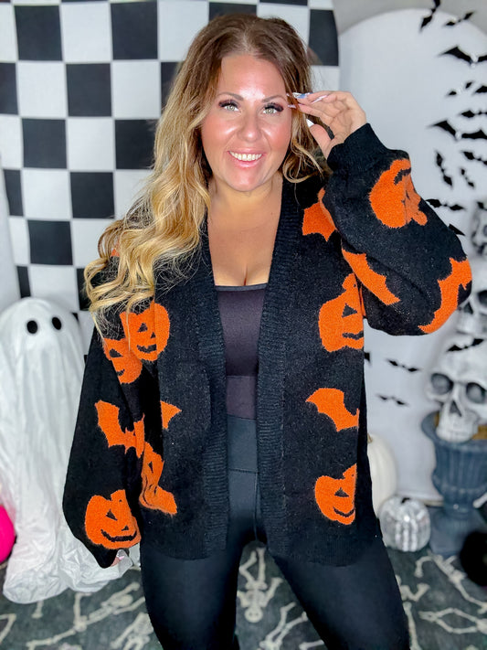 Black Open Front Cardigan With Orange Bats & Jack-O-Lanterns