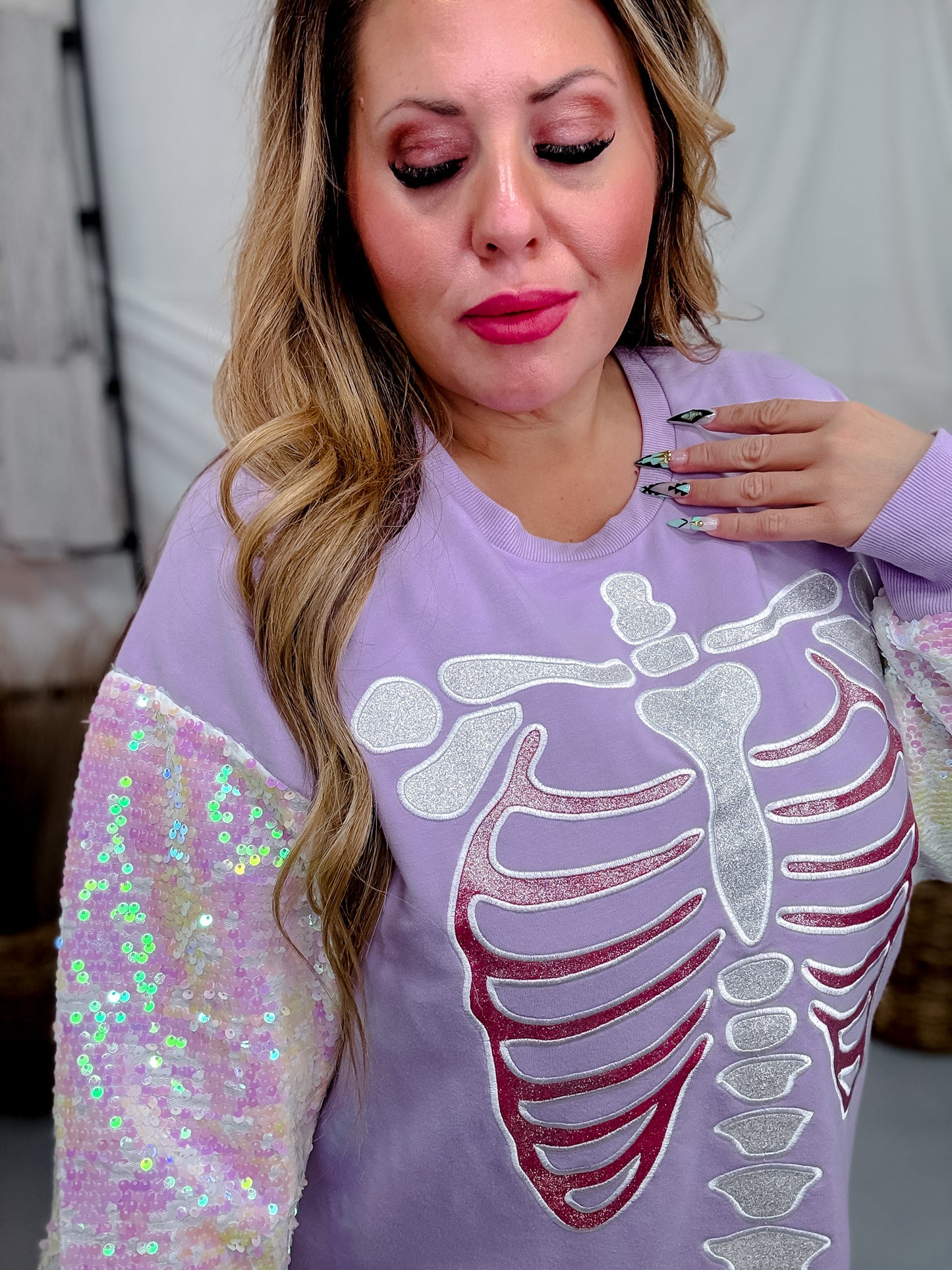Long Sleeve Sequin Sleeve Glitter Skeleton Print Top
