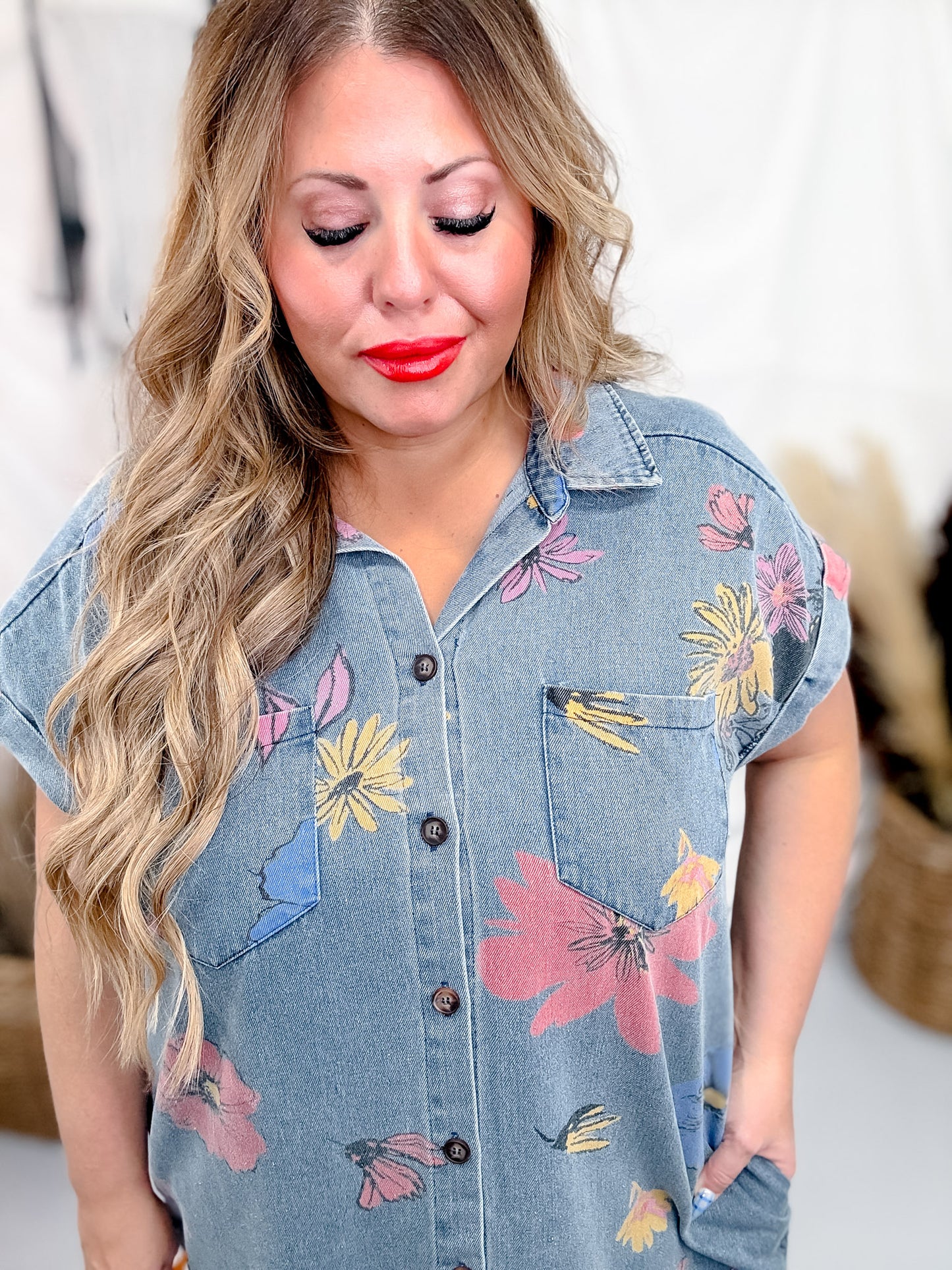Button Down Denim Shirt Dress with Floral Pattern
