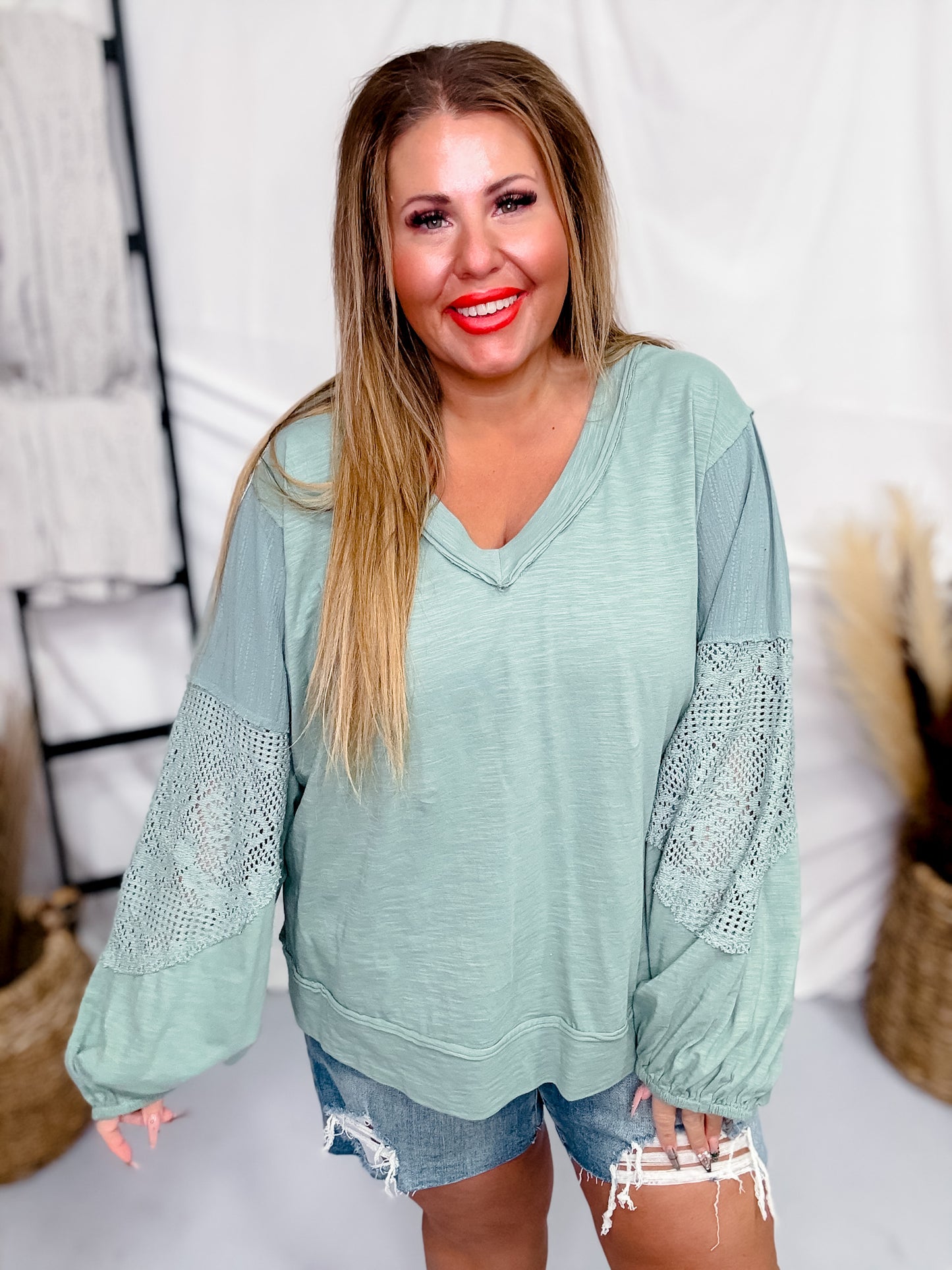 Seafoam Slub Jersey Long Sleeve Top With Lace Trim