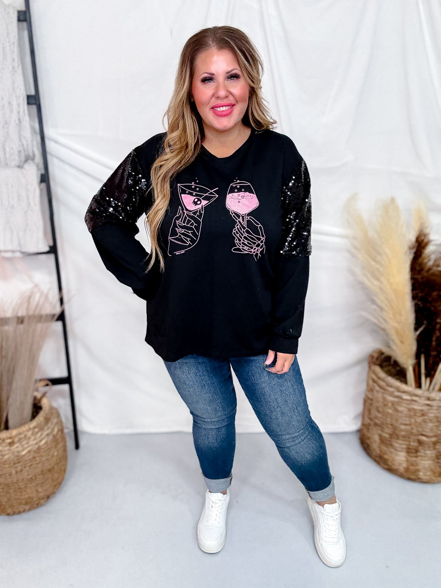 Long Sequin Sleeve Black Top W/ Poison Glasses Detail