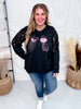 Long Sequin Sleeve Black Top W/ Poison Glasses Detail