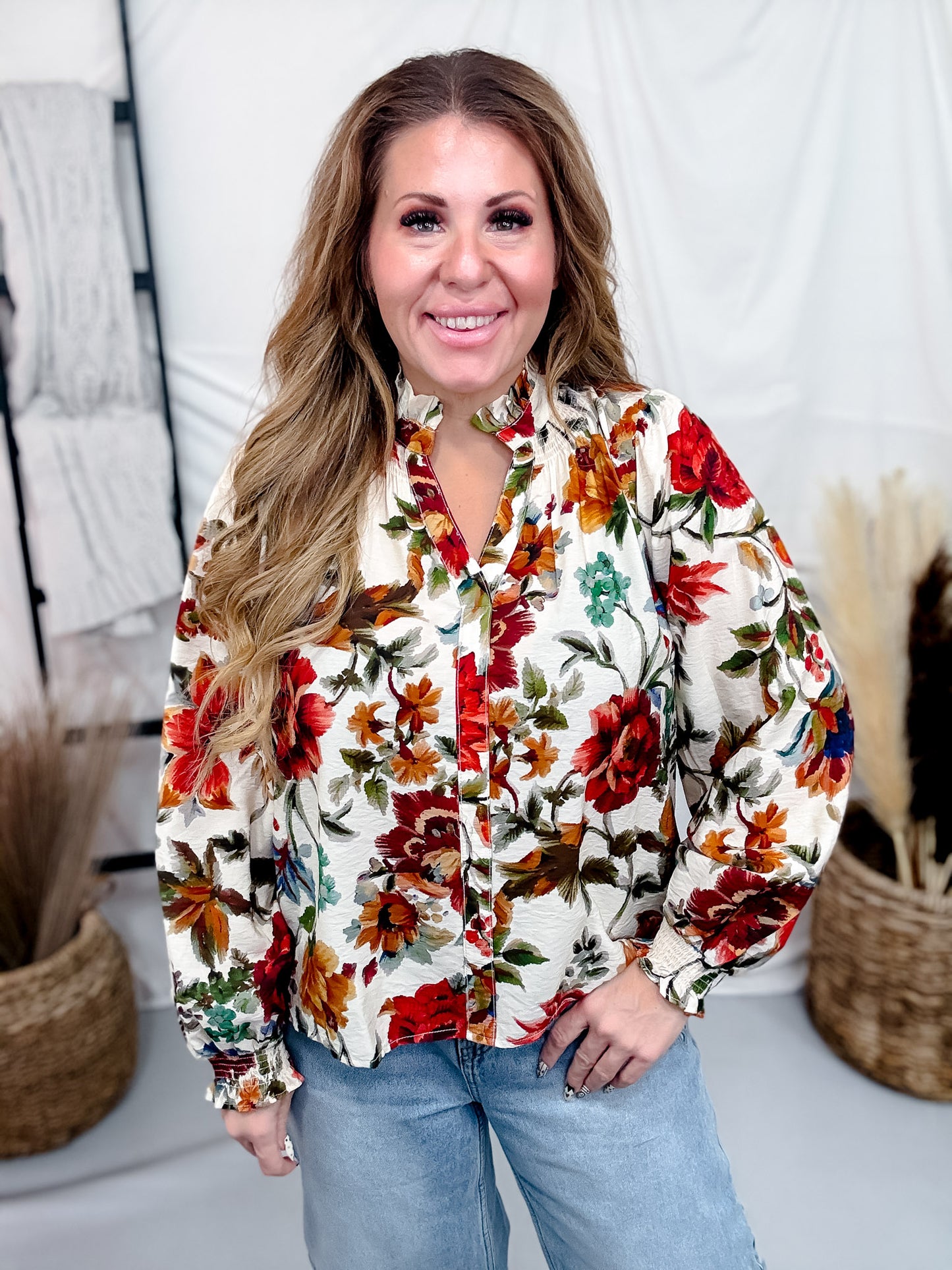 Vintage Inspired Floral Print Button Front Top In Ivory