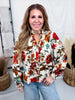 Vintage Inspired Floral Print Button Front Top In Ivory