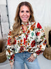Vintage Inspired Floral Print Button Front Top In Ivory