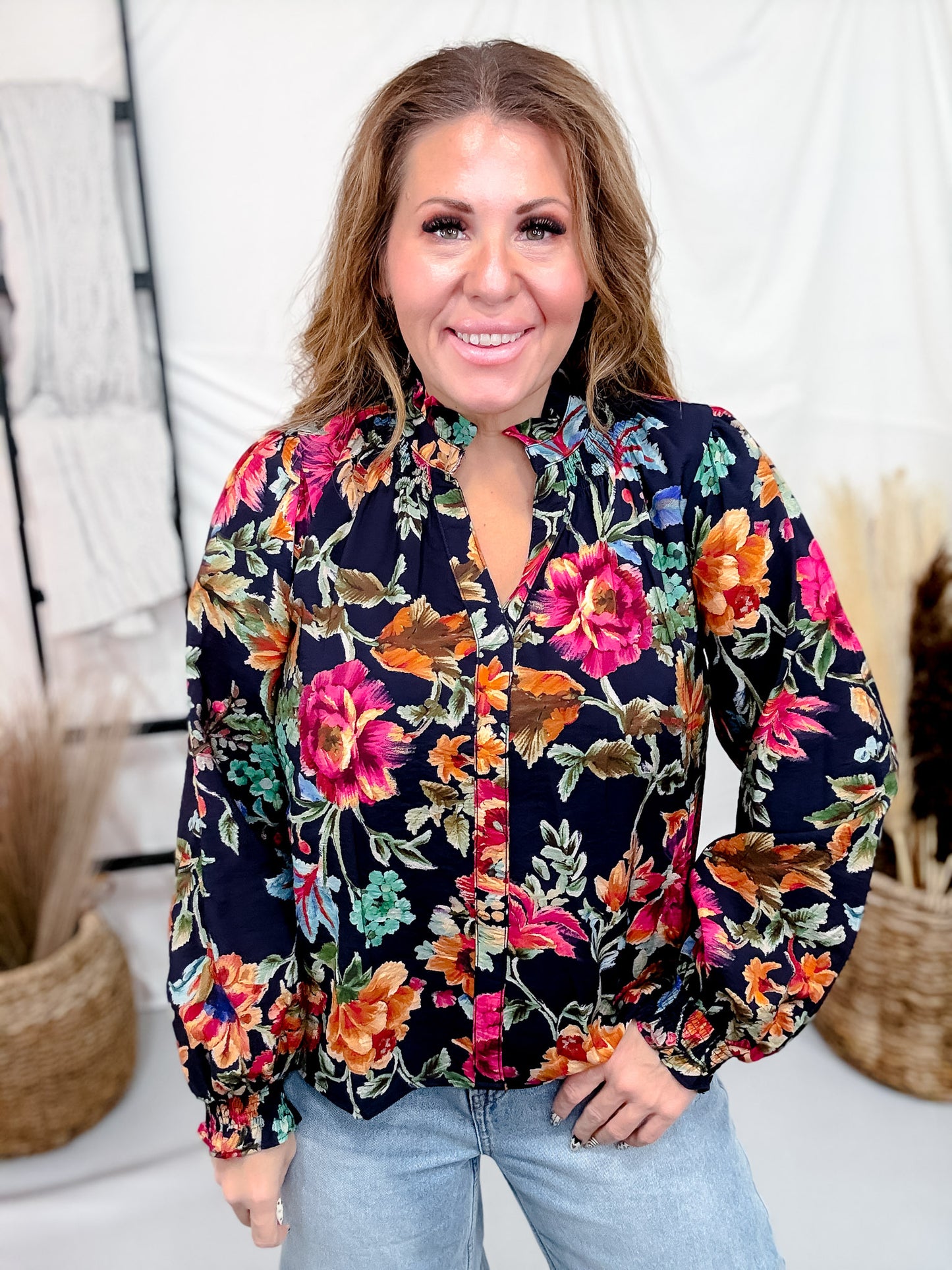 Navy Blue Vintage Inspired Floral Print Button Front Top
