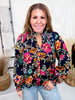Navy Blue Vintage Inspired Floral Print Button Front Top