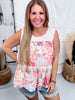 Pink Floral Print Babydoll Tank Top With Lace Accents