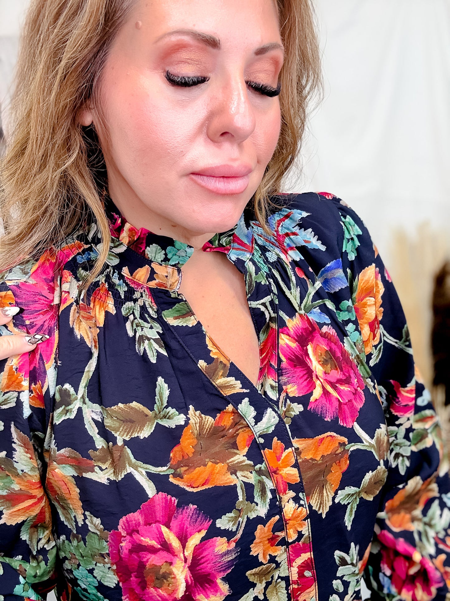 Navy Blue Vintage Inspired Floral Print Button Front Top