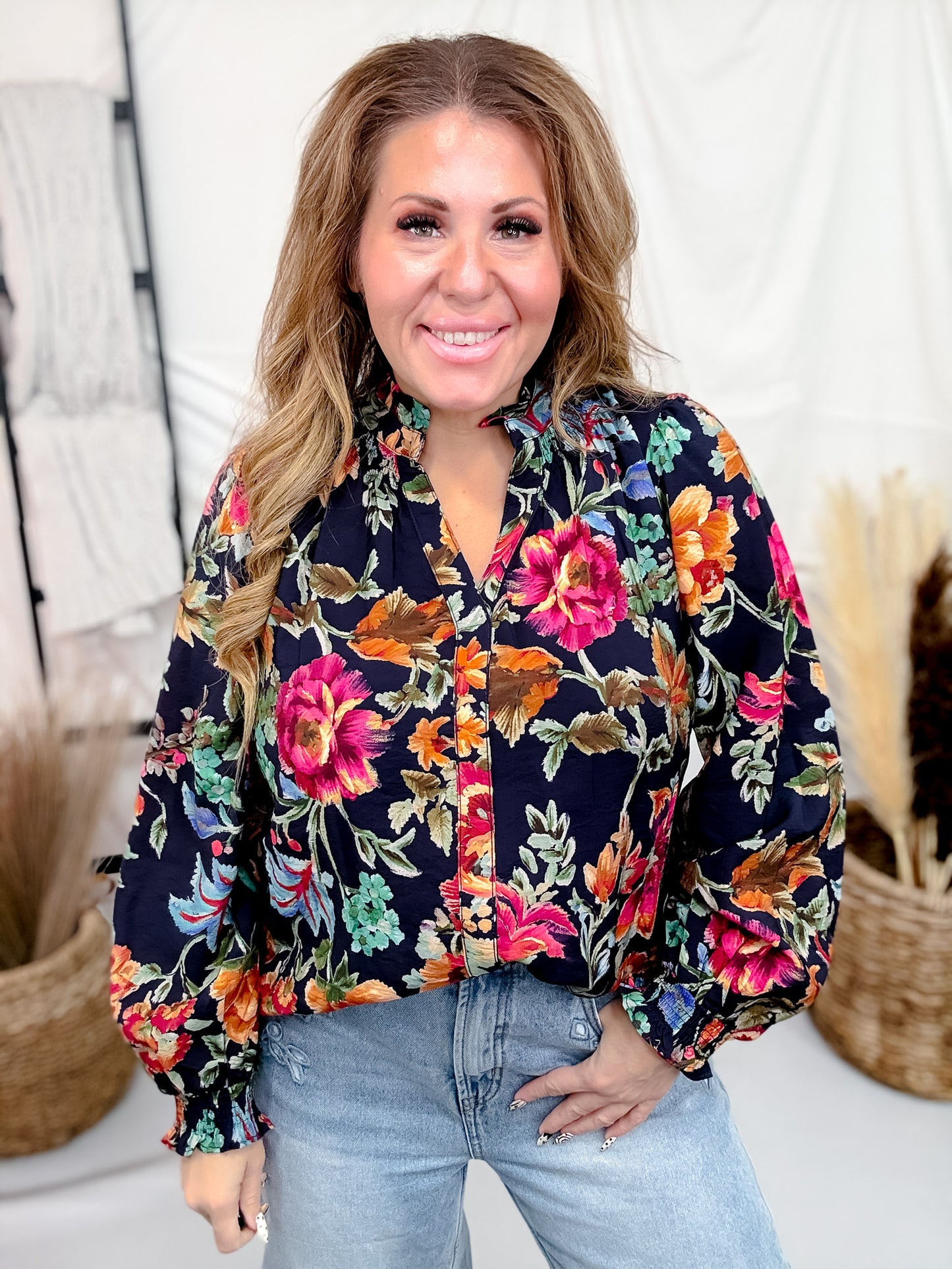 Navy Blue Vintage Inspired Floral Print Button Front Top
