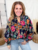 Navy Blue Vintage Inspired Floral Print Button Front Top