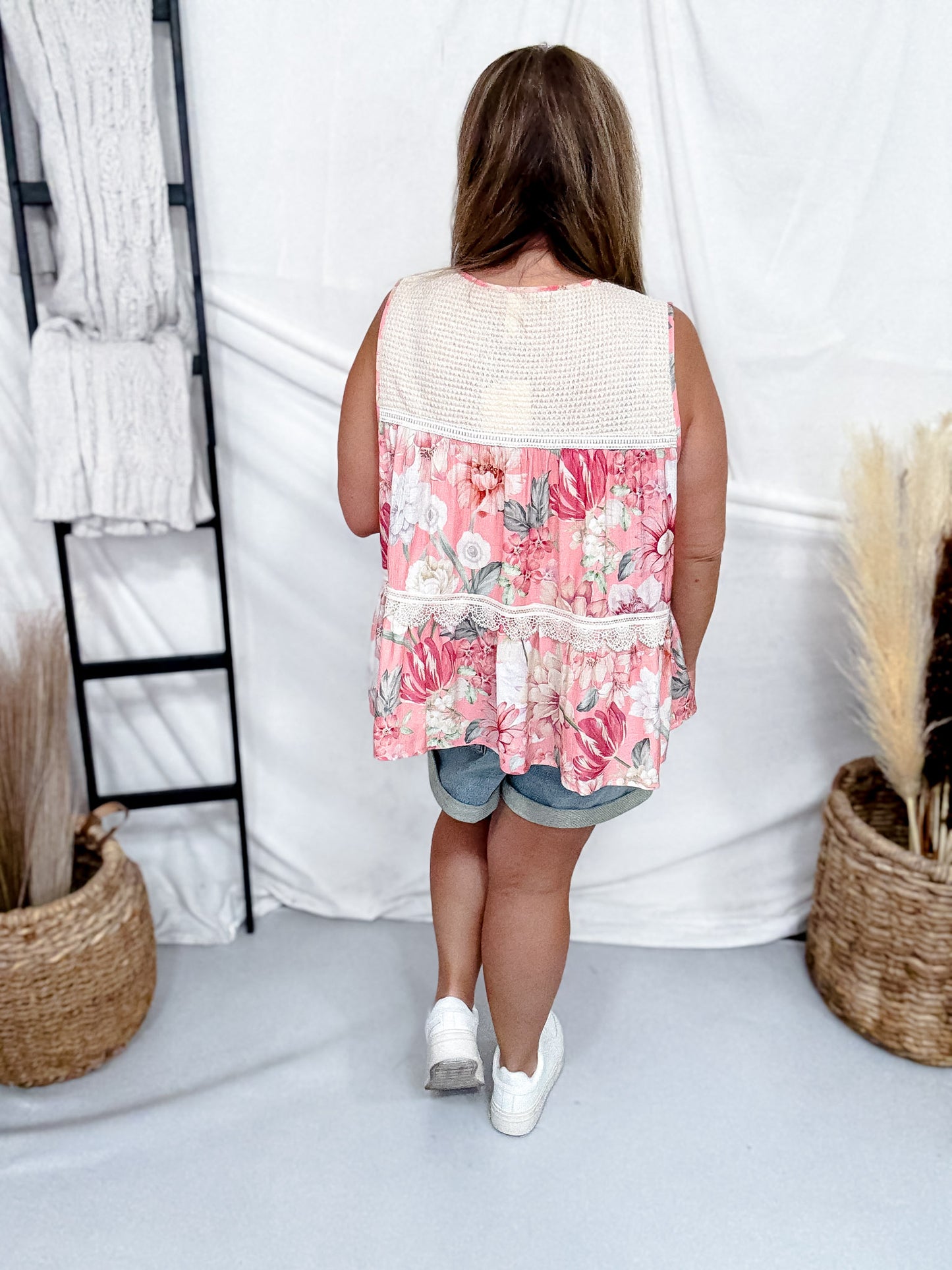 Pink Floral Print Babydoll Tank Top With Lace Accents